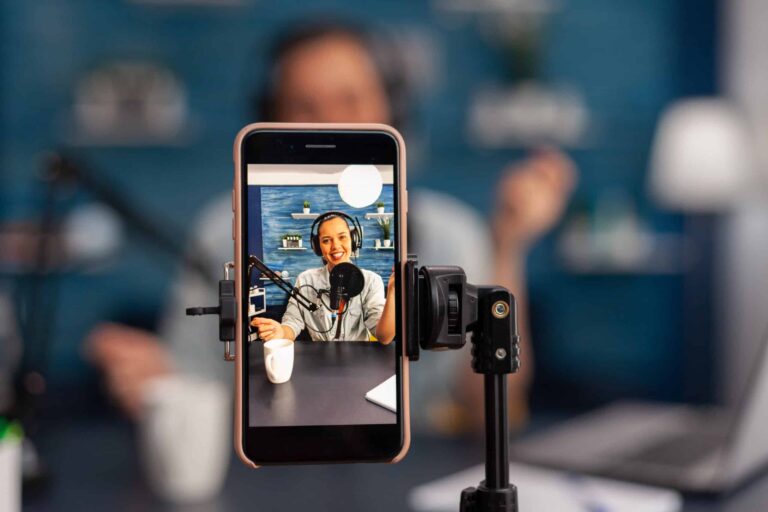 Professional coach recording content for digital marketing in home studio