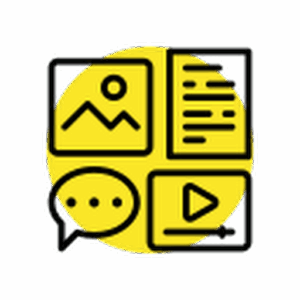 Visual icon showing image, blog, chat, and video symbols representing The Communicator content plan