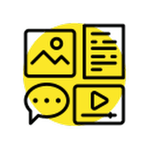 Visual icon showing image, blog, chat, and video symbols representing The Communicator content plan