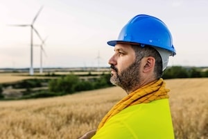Bearded engineer in blue hard hat inspecting renewable energy farm