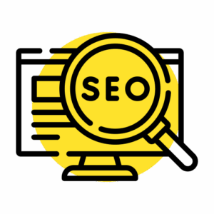 Icon showing SEO magnifier over a computer screen representing website optimization services
