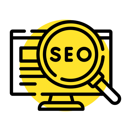 Icon showing SEO magnifier over a computer screen representing website optimization services