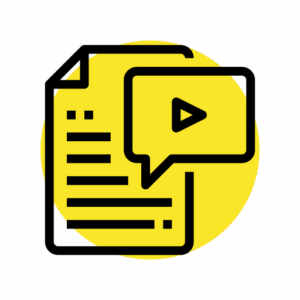 Icon of document and video bubble symbolizing The Storyteller video scriptwriting and editing service