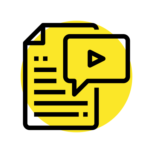 Icon of document and video bubble symbolizing The Storyteller video scriptwriting and editing service