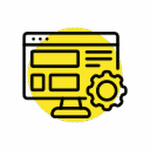 Icon of a computer screen with layout and gear symbol representing web application development