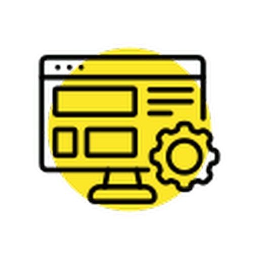 Icon of a computer screen with layout and gear symbol representing web application development