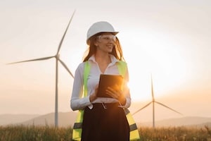 Female energy professional in safety gear with tablet at wind farm during sunset