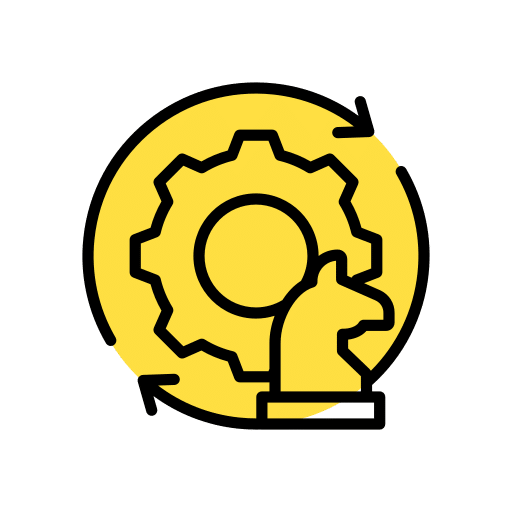 Icon of a gear and chess knight representing ongoing strategic planning and execution