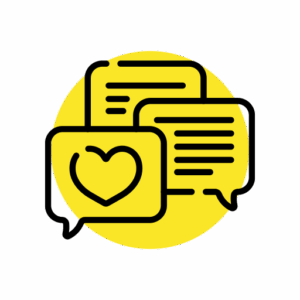Speech bubbles with text and heart icon representing audience engagement on social platforms