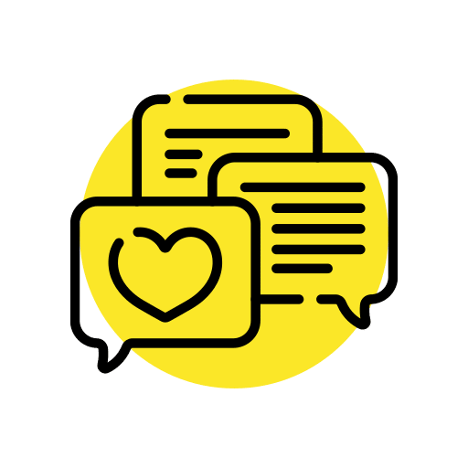 Speech bubbles with text and heart icon representing audience engagement on social platforms
