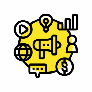Marketing bundle icon with megaphone and symbols for video, analytics, audience, and strategy