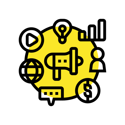 Marketing bundle icon with megaphone and symbols for video, analytics, audience, and strategy