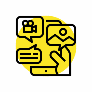 Smartphone with icons representing video, image, and text content creation