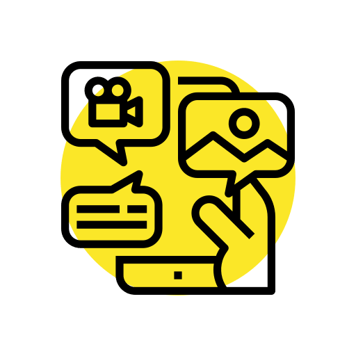 Smartphone with icons representing video, image, and text content creation