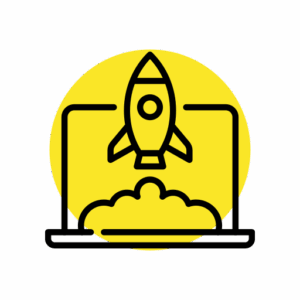 Yellow circular icon showing a rocket launching from a laptop screen, symbolizing startup growth and digital launch