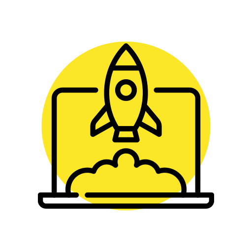 Yellow circular icon showing a rocket launching from a laptop screen, symbolizing startup growth and digital launch