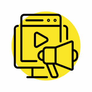 Video marketing icon showing a computer screen with a play button and megaphone