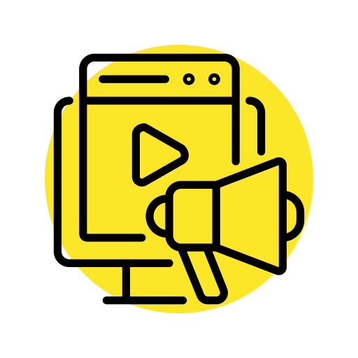 Video marketing icon showing a computer screen with a play button and megaphone
