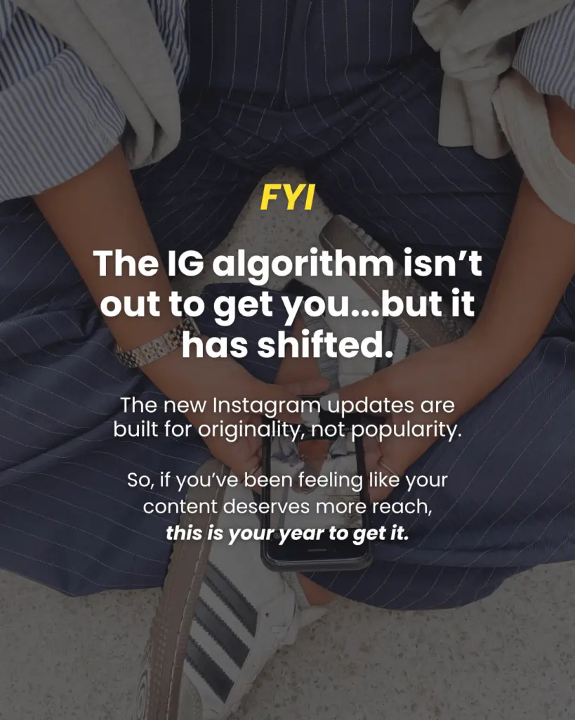 Person holding phone with quote about Instagram algorithm changes promoting original content