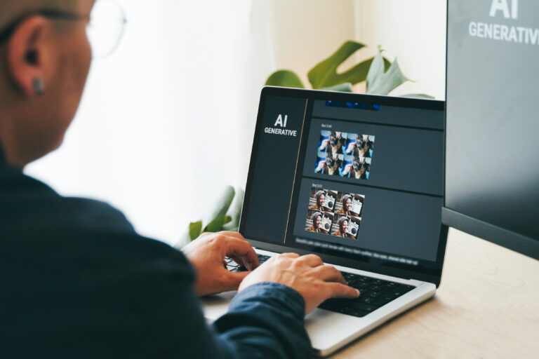 Marketer using AI tools for content strategy on laptop