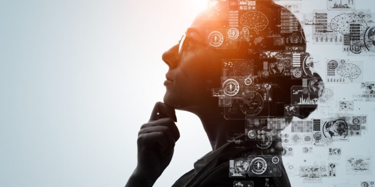AI email automation concept showing digital transformation overlay on a thinking woman