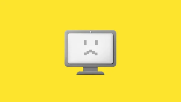 Icon of sad broken computer on yellow background symbolizing trust erosion