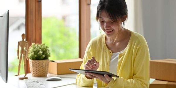 Female entrepreneur checking website performance metrics