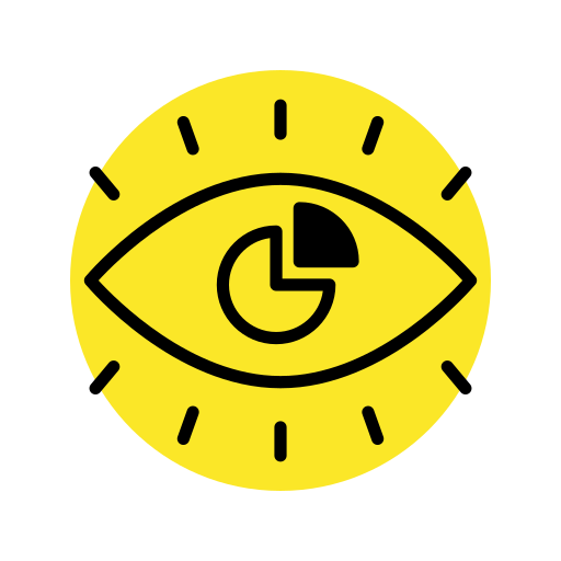 Yellow eye icon with a data chart, representing strong online visibility and impactful branding - Amplify Brand Voice