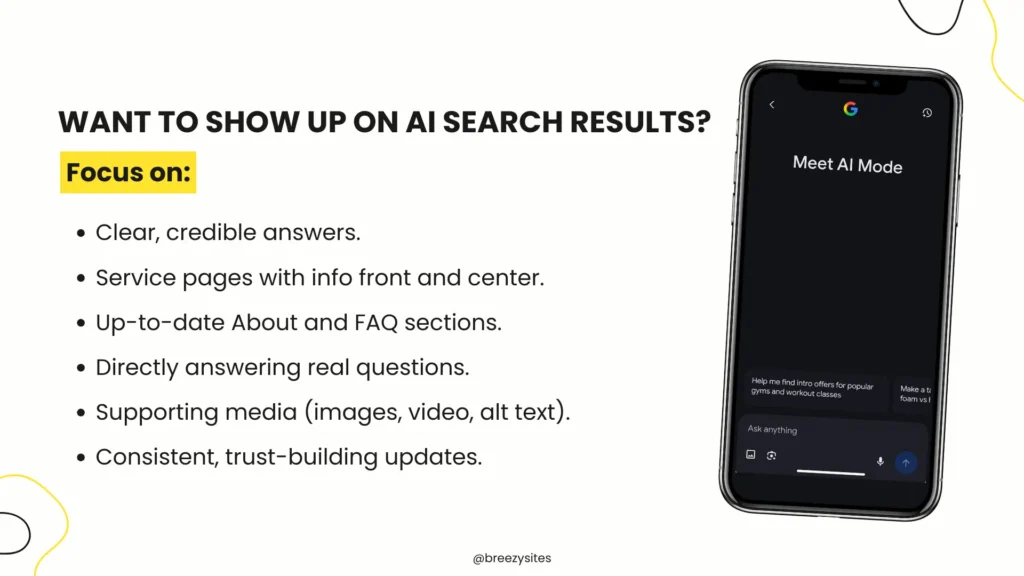 Breezy Sites graphic listing what content to focus on to appear in AI search results
