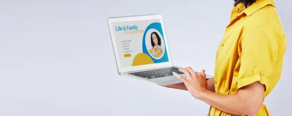 Life insurance website Inconsistency example with stock visuals and unclear CTA