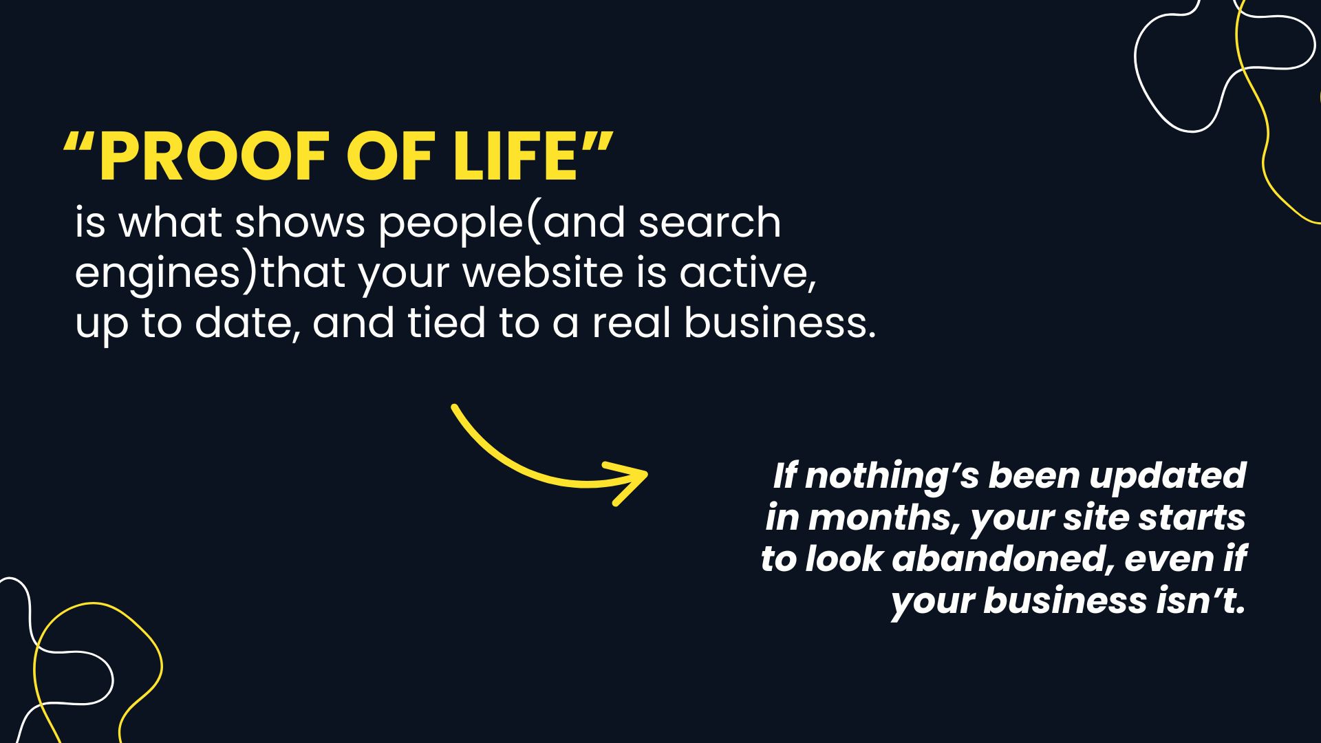 Graphic defining "proof of life" for websites as visible signs that a site is active, current, and maintained.