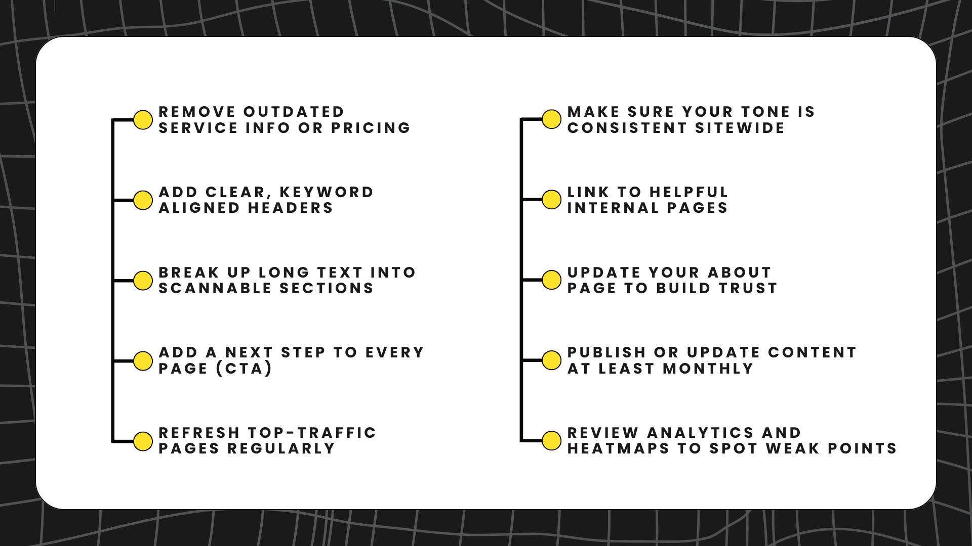Visual checklist with 10 items to review during a website content audit, including CTA clarity, formatting, internal links, and tone consistency.
