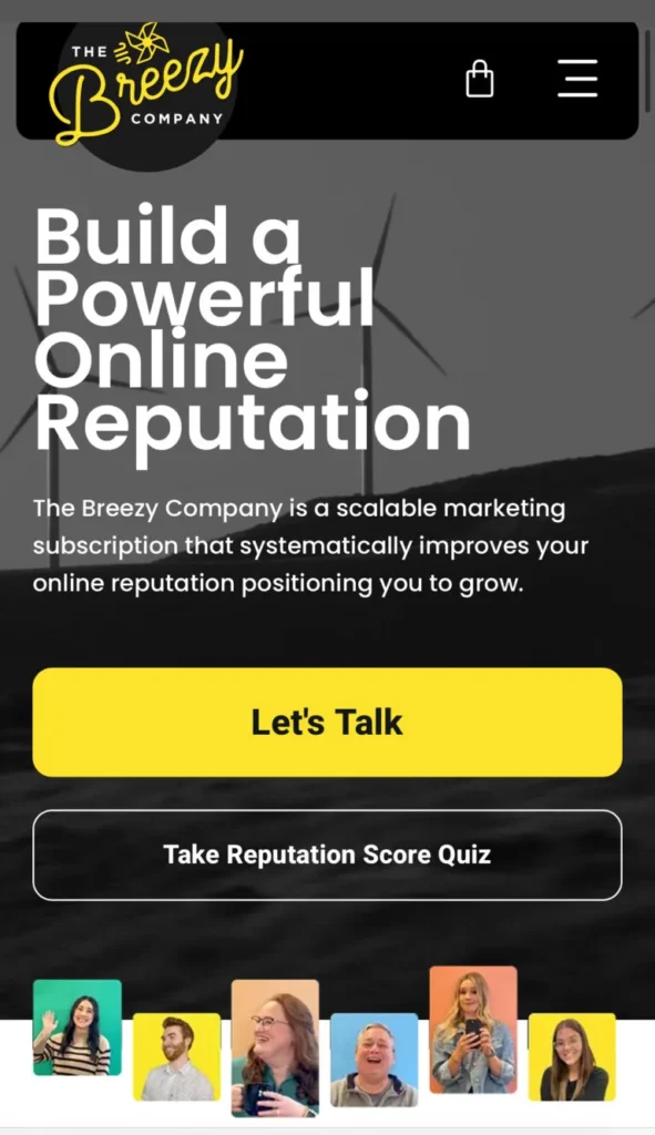 Breezy Company homepage on mobile showing online reputation offer
