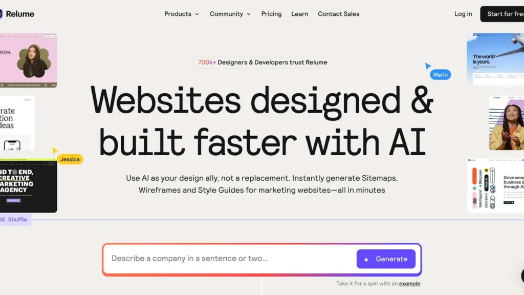 Relume visual showing sitemap editing, wireframe creation, and premium style injection for websites