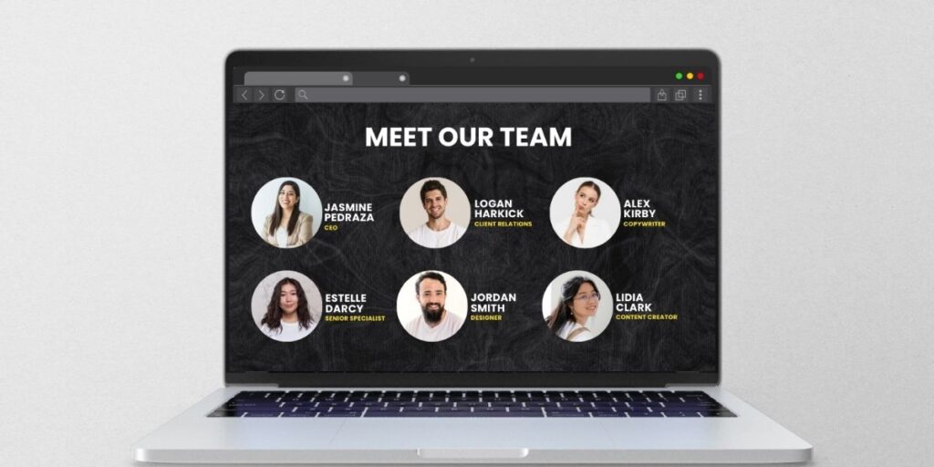 Laptop screen displaying a team bio page with six professional headshots and names under the heading Meet Our Team.