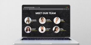 Laptop screen displaying a team bio page with six professional headshots and names under the heading Meet Our Team.