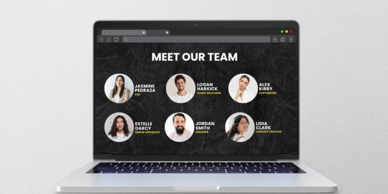 Laptop screen displaying a team bio page with six professional headshots and names under the heading Meet Our Team.
