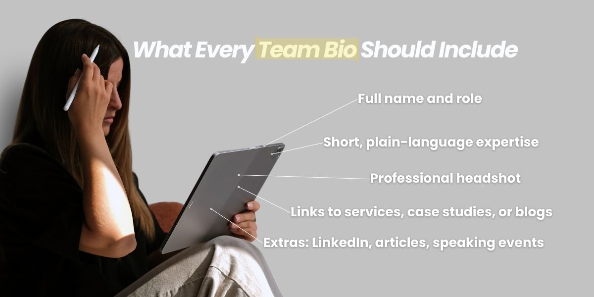 Checklist graphic showing what to include in a strong team bio: name and role, clear expertise, professional headshot, links to services or case studies, and optional extras like LinkedIn or published work.