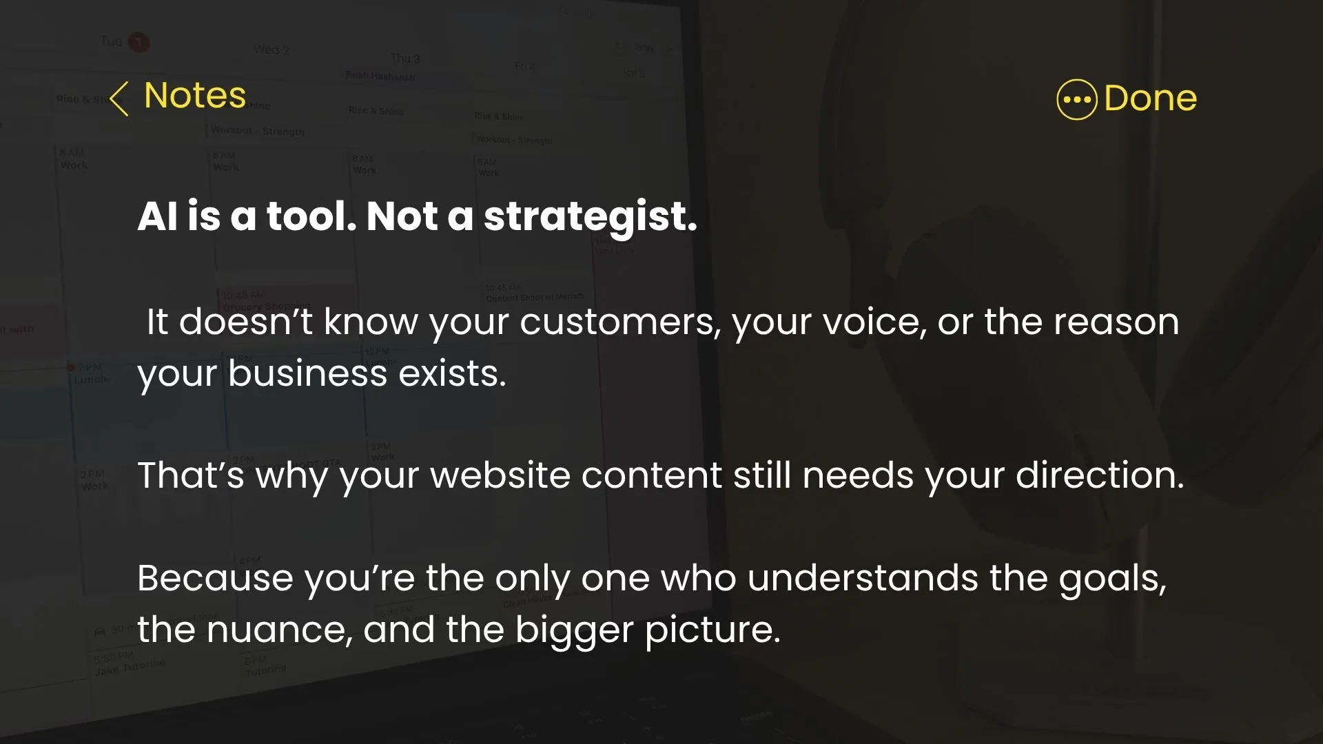 Dark background graphic stating that AI is a tool, not a strategist, emphasizing the need for human direction in website content.