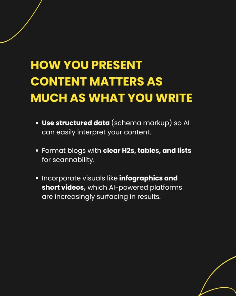 Black background graphic explaining the importance of structured data, headings, and visuals for GEO success.