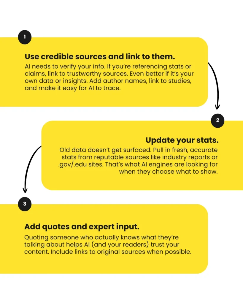 Step-by-step graphic explaining how to improve GEO with credible links, updated stats, and expert quotes.