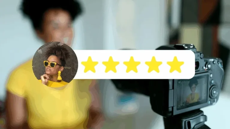 A camera recording a client giving a testimonial with a five-star rating overlay, showing the impact of reviews on credibility.
