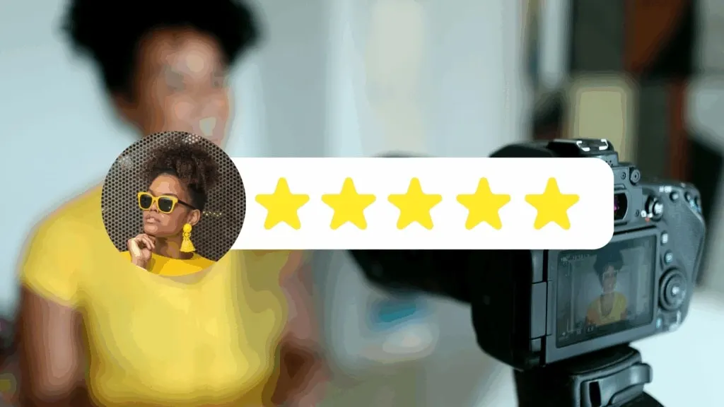A camera recording a client giving a testimonial with a five-star rating overlay, showing the impact of reviews on credibility.