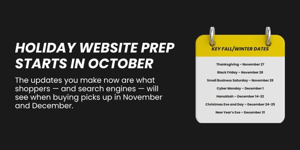 Graphic showing key fall and winter shopping dates for holiday website updates, including Thanksgiving, Black Friday, Small Business Saturday, Cyber Monday, and December holidays.
