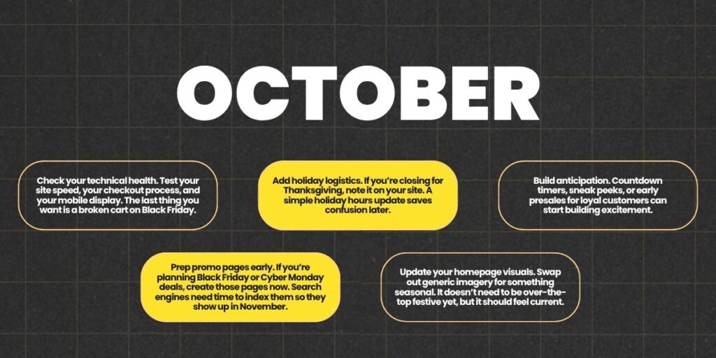 Infographic listing October tasks for holiday website updates, including testing site speed, updating visuals, adding holiday hours, creating promo pages, and building anticipation for Black Friday and Cyber Monday.