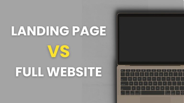 Comparison graphic showing when to use a landing page versus a full website, with text boxes and a yellow dotted arrow.